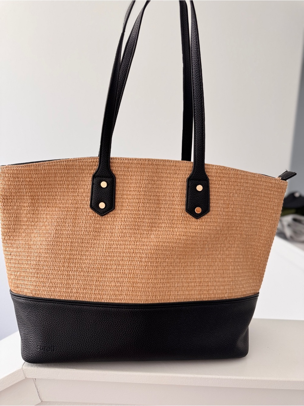 Surell Large Straw Tote Bag Black Vegan Leather Trim Zip Top Beach Travel